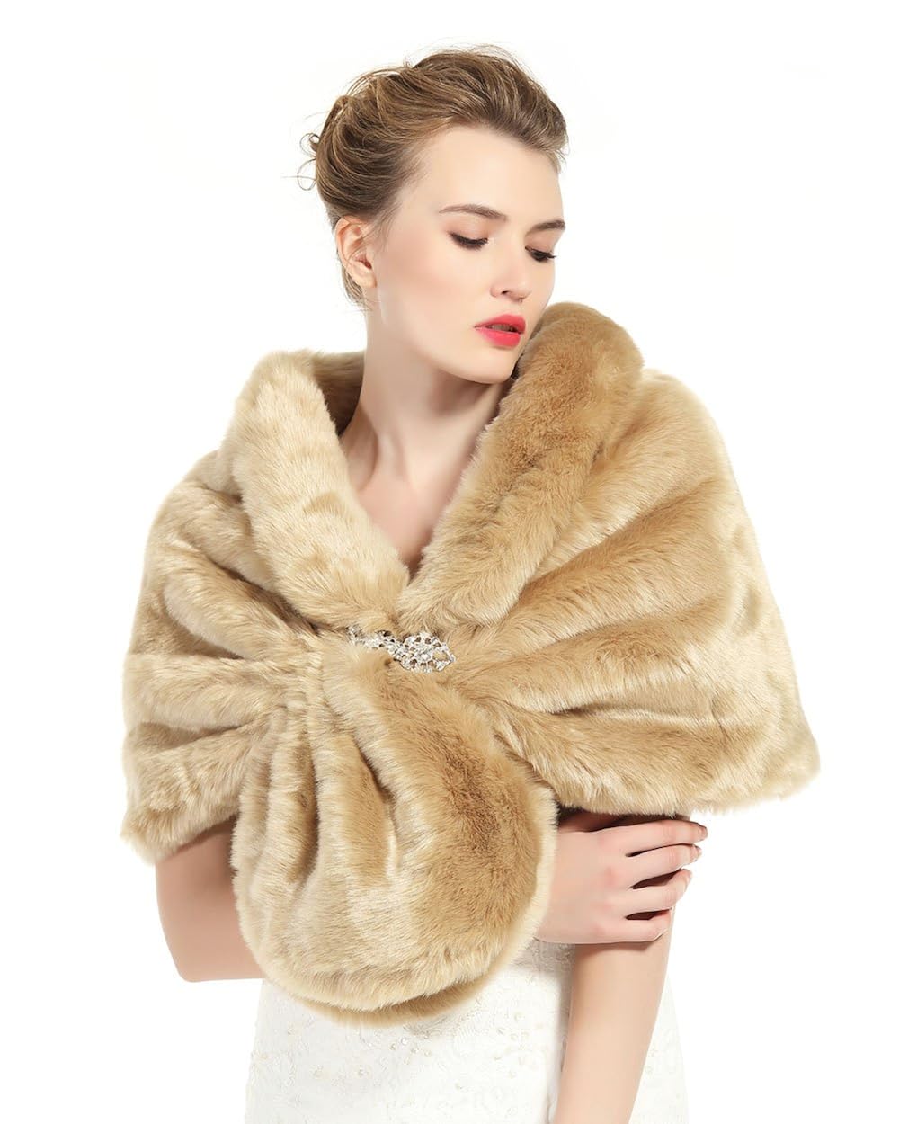 人造毛皮披肩披肩披肩冬季新娘婚礼罩衫 l m 码 卡其色 size l